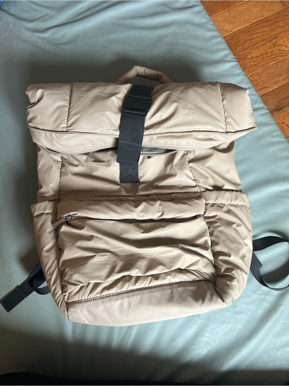 Puffy Roll-Top Backpack in Light Taupe